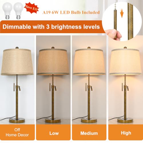 Antique Bronze Table Lamps Set of 2 Adjustable Height 22" to 30"Tall 3 Brightness Way Bedside Nightstand with Pull Chain Switch Pole Lights for Living Room Guest Bedroom End Table (2 Count)