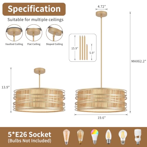 5 Light Rattan Drum Chandelier 19.7'' Boho Gold Pendant Light