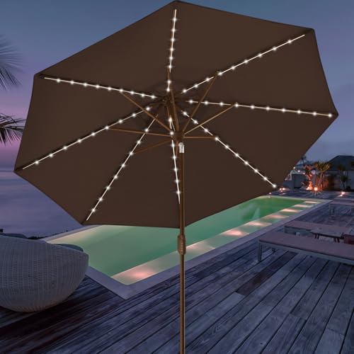 USA 10-Year-Non-Fading 9ft Market Patio Umbrella, Commercial Grade Table Sun Umbrella with 80 Solar LED Lights, Crank Open, Windproof & UPF 50+ UV Protection for Garden, Deck, Pool, Backyard, Chestnut