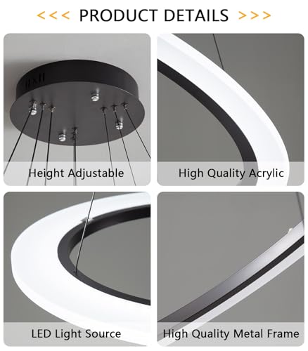 Modern LED Chandelier 3 Ring Chandelier for Dining Room Living Room Pendant Lighting High Ceiling Hanging Light Fixture for Bedroom Foyer Black