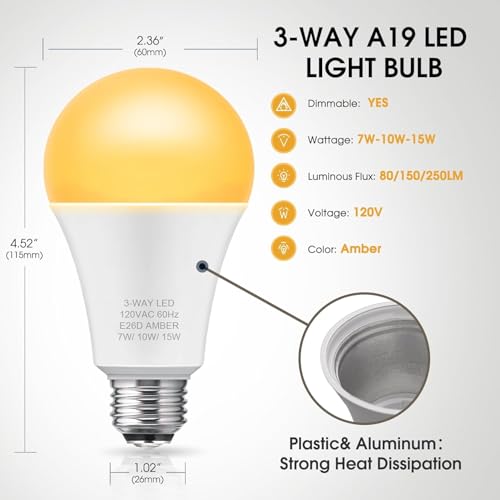 Amber Light Bulb 3 Way LED Light Bulbs 50 100 150W Equivalent A19 (2 Count)