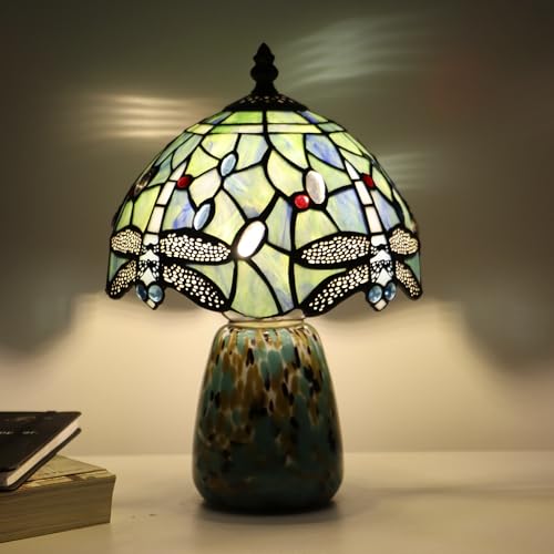 Tiffany Mushroom Table Lamp Dragonfly Style Sea Blue Stained Glass Accent Lamp Brown Blue Glass Base 8X8X12 Inch