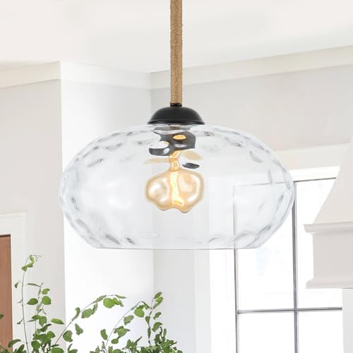 13” Large Hammered Glass Pendant Light Rattan Modern Industrail Chandelier for Kitchen Island Dining Room Hallway