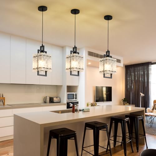 Black Pendant Light Fixtures Modern Pendant Lights Kitchen Island Water Ripple Glass Square Pendant Light Adjustable Hanging Pendant Lighting for Kitchen Dining Room Over Island 1 Pack