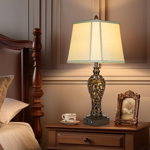 28.5" High Vintage Brown Table Lamps Set of 2 with Night Light (2 Count)