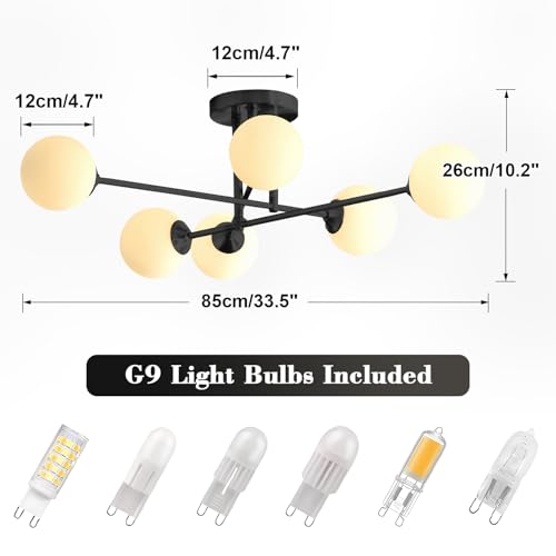 Black Modern Sputnik Chandelier Ceiling Light Fixtures 6 Light Milk Glass Globe Sputnik Chandelier Mid Century Bedroom Semi Flush Mount Ceiling Light