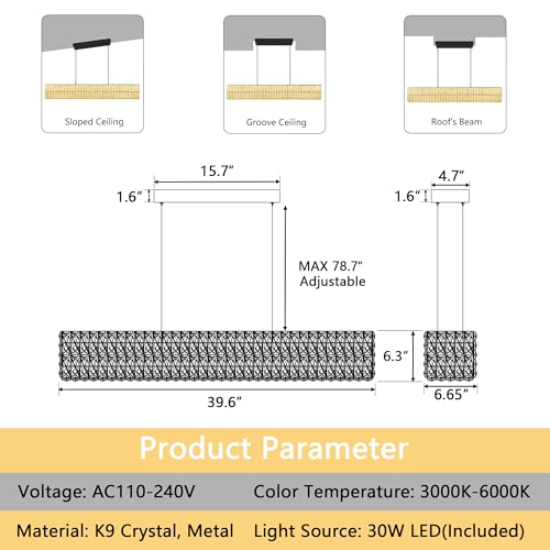 Glam Crystal Chandelier Modern Dimmable Crystal Chandeliers LED Rectangular Ceiling Light Fixtures for Dining Room Living Black