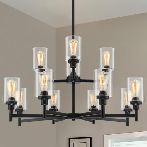 2-Tier 12-Light Large Black Farmhouse Chandeliers for Living Dining Room