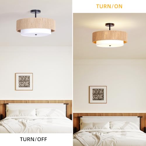 Boho Rattan semi Flush Mount Ceiling Light