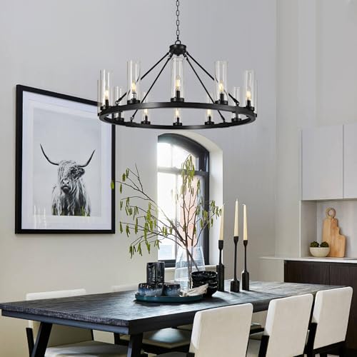 12 Light Black Chandelier Wagon Wheel Chandelier with Clear Glass Shade Round Industrial Pendant Lighting Fixture for Stair Living Room Foyer Kitchen