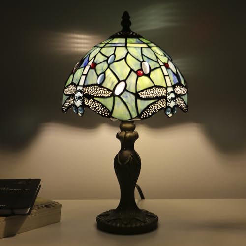 Tiffany Table Lamp Dragonfly Style Sea Blue Stained Glass Accent Lamp Bronze Resin Base 8X8X14 Inch