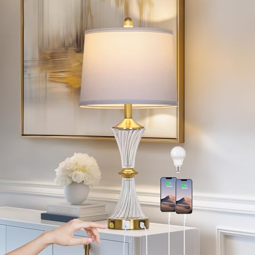 Crystal Glass Table Lamp with USB C+A Ports & AC Outlet