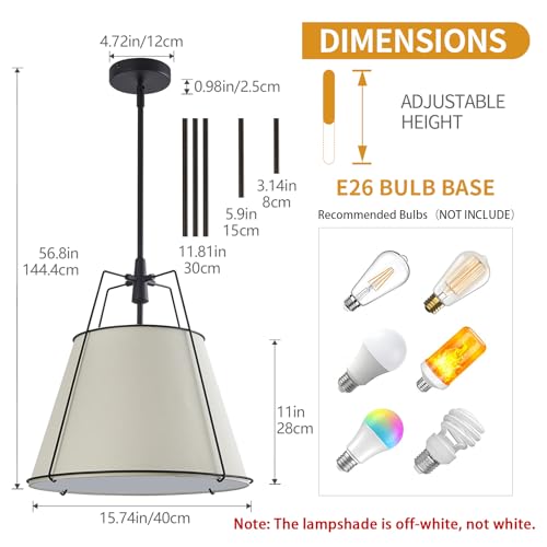 Modern Pendant Light Fixtures with 16" White Linen Fabric Shade