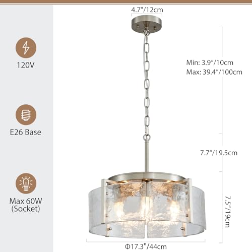4 Light Glass Brushed Nickel Chandeliers for Dining Room 17.3" Round Modern Farmhouse Chandelier Drum Hanging Pendant Ceiling Light Fixture for Hallway Entryway Kitchen Island Foyer Bedroom