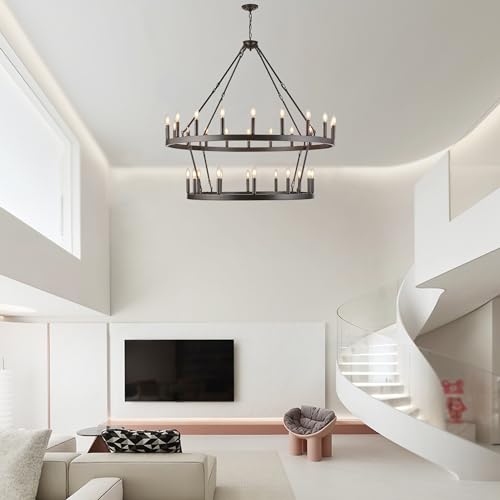 Rustic Farmhouse Wagon Wheel Chandelier Oil Rubbed Bronze Large Chandeliers for High Ceilings Kitchen Table Lighting 2 Tier 32 Lights 50 Inch for Dining Room Kitchen Island