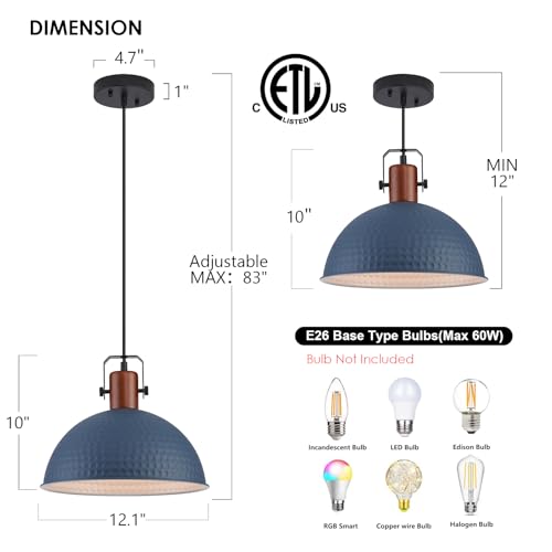 12 Inch Blue Pendant Lights Hammered Matte Pendant Lights for Kitchen Island Industrial Farmhouse Adjustable Height Dome Hanging Light Fixtures for Barn (3 Count)
