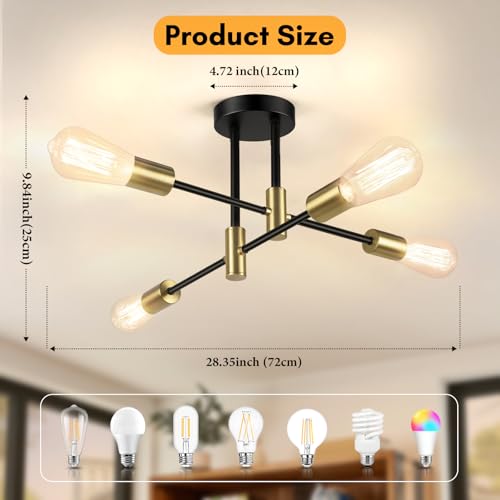 4 Light Modern Black and Gold Sputnik Chandelier