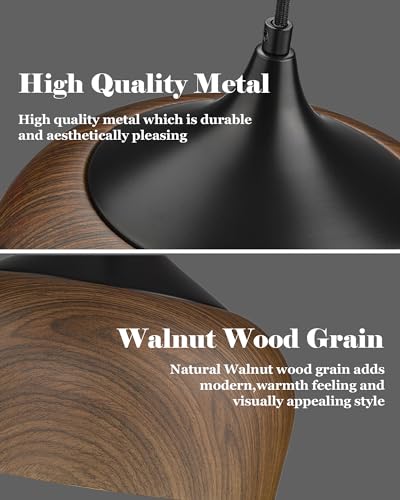 Modern Bauhaus Pendant Light Walnut Wooden Pattern Dome Pendant Light Fixture Matte Black Metal Gold Inner Adjustable Hanging Lighting for Kitchen Island Dining Room Office Hallway Bedroom