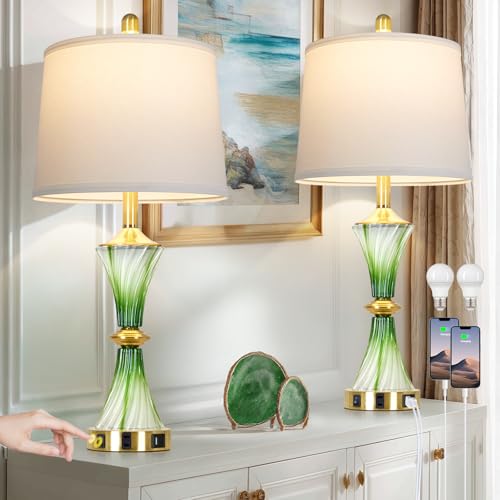 Green Glass Table Lamp Set of 2 with USB C+A Ports & AC Outlet (2 Count)