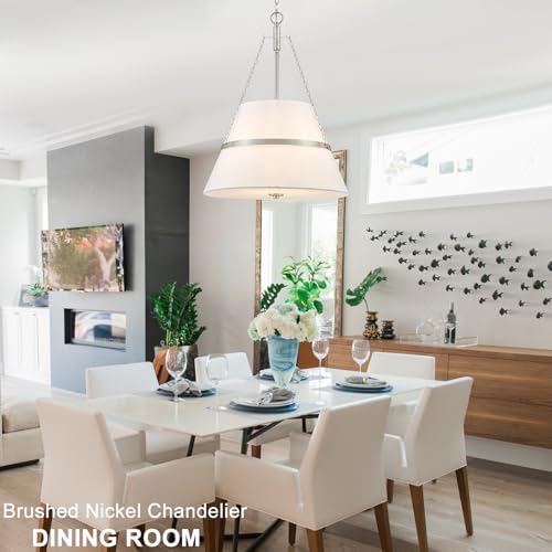20" Brushed Nickel Drum Chandelier for Dining Room Linen Pendant Light
