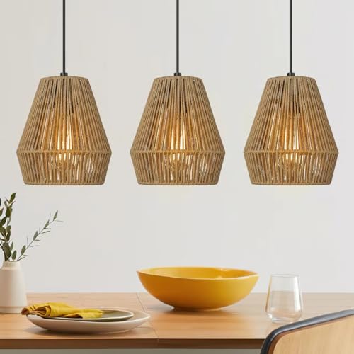 3 Pack Japandi Woven Pendant Lights 7” Modern Boho Hanging Lamp with Handwoven Rattan Shade (3 Count)