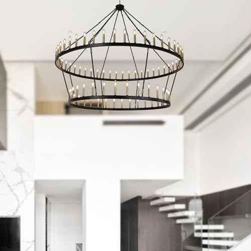 Rustic Farmhouse Wagon Wheel Chandelier Black+Brushed Brass Large Chandeliers for High Ceilings 2 Tier 80Lights 78.7 Inch for Dining Room Living Room Foyer Porch Kitchen Island