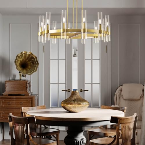 12 Light Brass Round Chandelier 36" Wagon Wheel Chandeliers for Dining Room Light Fixture Clear Glass Tube Chandelier Modern Farmhouse Chandeliers for LivingRoom Foyer
