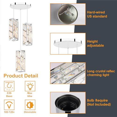 Modern 3 Light Crystal Pendant Light Fixture Kitchen Island