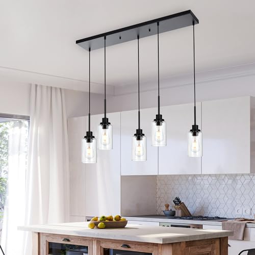 5 Light Black Pendant Lights for Kitchen Island with Clear Glass
