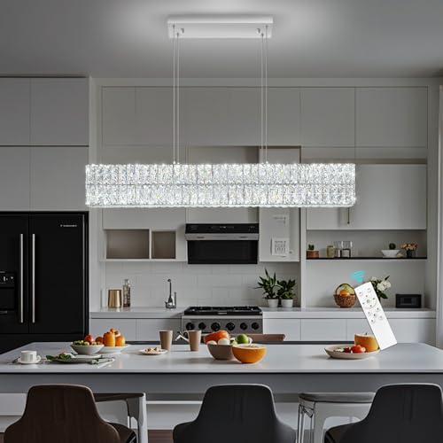 40 Inch Glam Crystal Chandelier Modern Dimmable Crystal Chandeliers LED Rectangular Ceiling Light Fixtures for Dining Room Living Room Silver