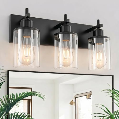 3 Light Black Bathroom Light Fixture Over Mirror Modern Farmhouse Bathroom Vanity Light Vintage Wall Lighting with Clear Glass Shade for Bathroom (3 Count)