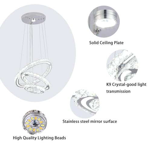 3 Ring Crystal Chandelier LED Pendant Light 47W 6500K Cool White