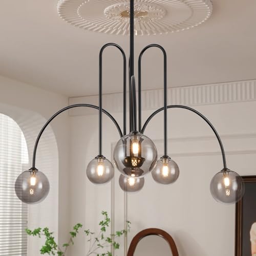 Modern 40" 6 Light Black Sputnik Chandelier with Smoke Glass Globe