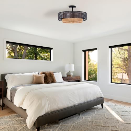 Black Wicker Flush Mount Ceiling Light Boho Fixture