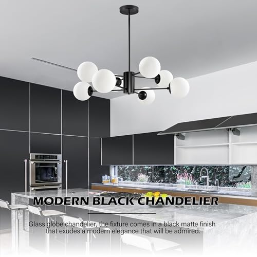 8 Light Globe Sputnik Chandelier Black Mid Century Modern Light Fixture Matte Black Finished with White Frosted Globe Glass Lampshade Sputnik Chandeliers for Dining Room Bedroom Kitchen Island (8 Count)