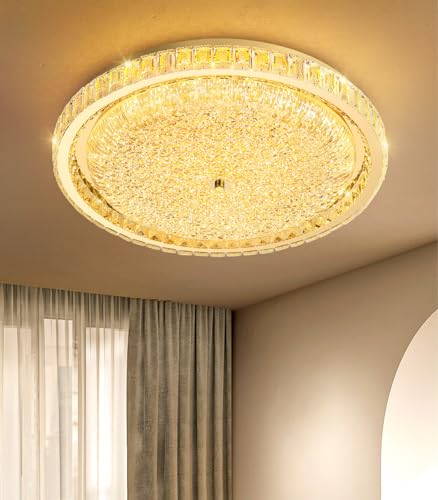 24" Modern Crystal Chandelier Dimmable LED Flush Mount Ceiling Light with Remote Control for Bedroom Hallway Dining Room Gold