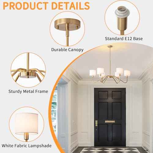 Modern Gold 6-Lights Chandelier, 39" Pendant Light with White Fabric Shade Adjustable Classic Chandelier Light Fixtures for Kitchen Island Dining & Living Room Entryway