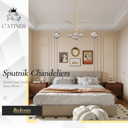 Modern 40" 6 Light Gold Sputnik Chandelier with Smoke Glass Globe