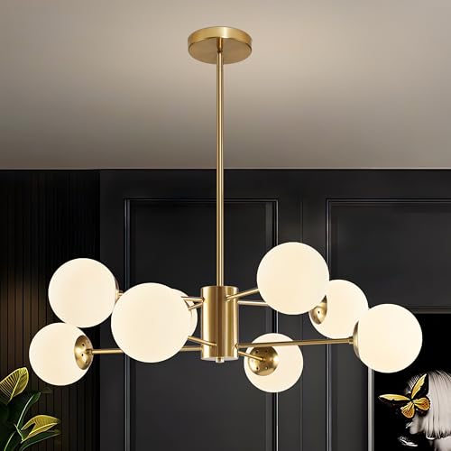 8 Light Globe Sputnik Chandelier Gold Mid Century Modern Light Fixture Brushed Brass Finished with White Frosted Globe Glass Lampshade Sputnik Chandeliers for Dining Room Kitchen Island Bedroom