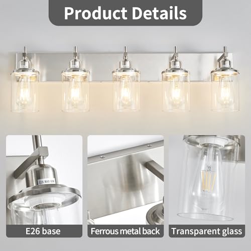 5 Light Brushed Nickel Bathroom Light Fixture Over Mirror Modern Bathroom Vanity Light Vintage Wall Lighting with Clear Glass Shade for Bathroom