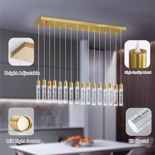 16 Lights Modern Crystal Rectangular Chandeliers LED Pendant Light for Kitchen Island High Ceiling Chandelier for Dining Room Entrance Foyer Living Room Gold