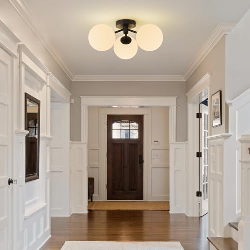 Black Globe Semi Flush Mount Ceiling Light Mid Century Modern Milk Glass