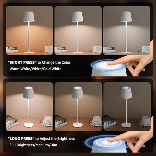 3 Pack Cordless Table Lamp Rechargeable 5000mAH Battery Operated Lights Touch Control LED Portable Desk Lamps 3 Color Dimming for Outdoor Coffee Bedroom Kitchen (3 Count)