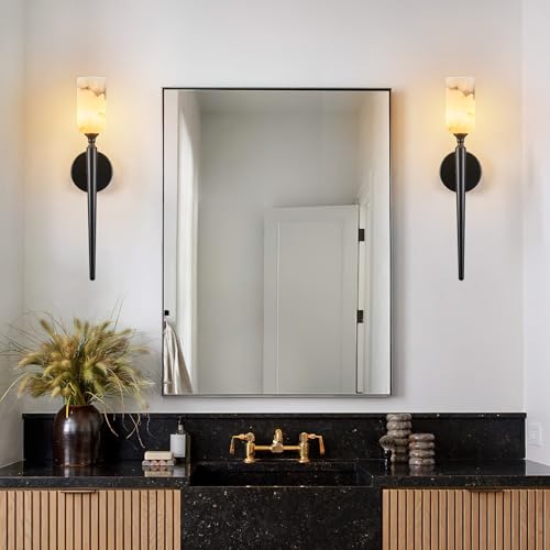 Natural Alabaster Wall Sconce Modern Black Wall Light Bathroom Sconce Wall Decor Antique Marble Sconces Wall Lighting for Bedroom Living Room Entryway Hallway Staircase