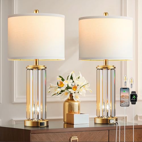 Gold Table Lamps for Bedroom Set of 2 with Nightlight