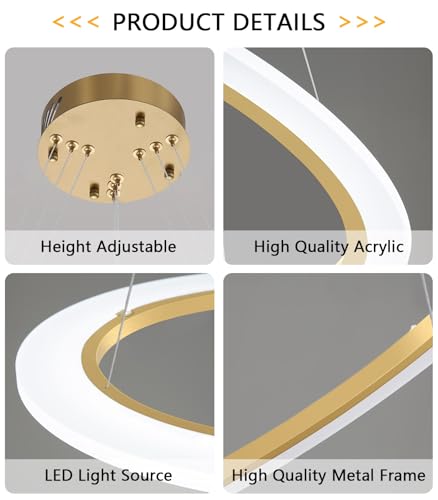 Modern LED Chandelier 3 Ring Chandelier for Dining Room Living Room Pendant Lighting High Ceiling Hanging Light Fixture for Bedroom Foyer Gold