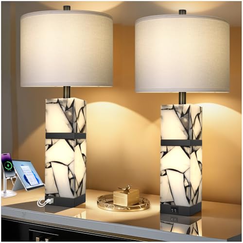 27" Alabaster Table Lamp Set of 2 with Night Light for Living Room (2 Count)