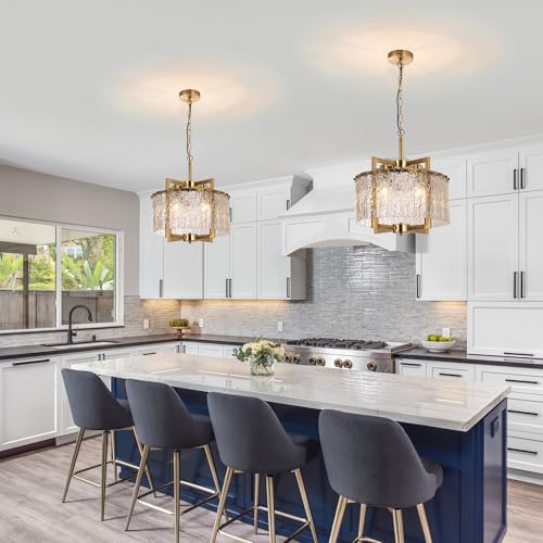 Modern Crystal Gold Chandeliers for Dining Room Drum Pendant Light (4 Count)