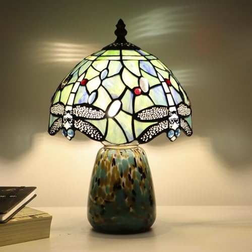 Tiffany Mushroom Table Lamp Dragonfly Style Sea Blue Stained Glass Accent Lamp Brown Blue Glass Base 8X8X12 Inch