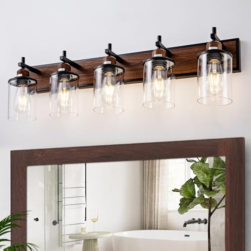 5 Light Farmhouse Bathroom Light Fixtures Vintage Bathroom Vanity Lights Over Mirror Black and Wood Painted Metal Vanity Light for Bathroom with Glass Shades E26 Socket